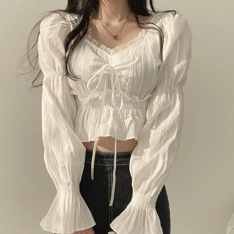 

Deeptown Sweet Women Blouses Cute Elegant Korean Fashion Puff Long Sleeve Shirt White Black Lace Top Vintage Cropped Female Chic
