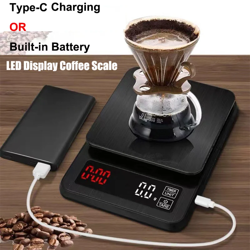 

3/5kg 0.1g LED Display Coffee Scale Type-C Charging Electronic Scales Timing Balance Precision Mini Digital Weight for Kitchen