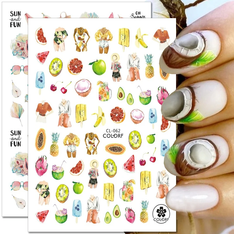 "Summer Fruit Nail Stickers Lemon Coconut Strawberry Nail Decals Flower