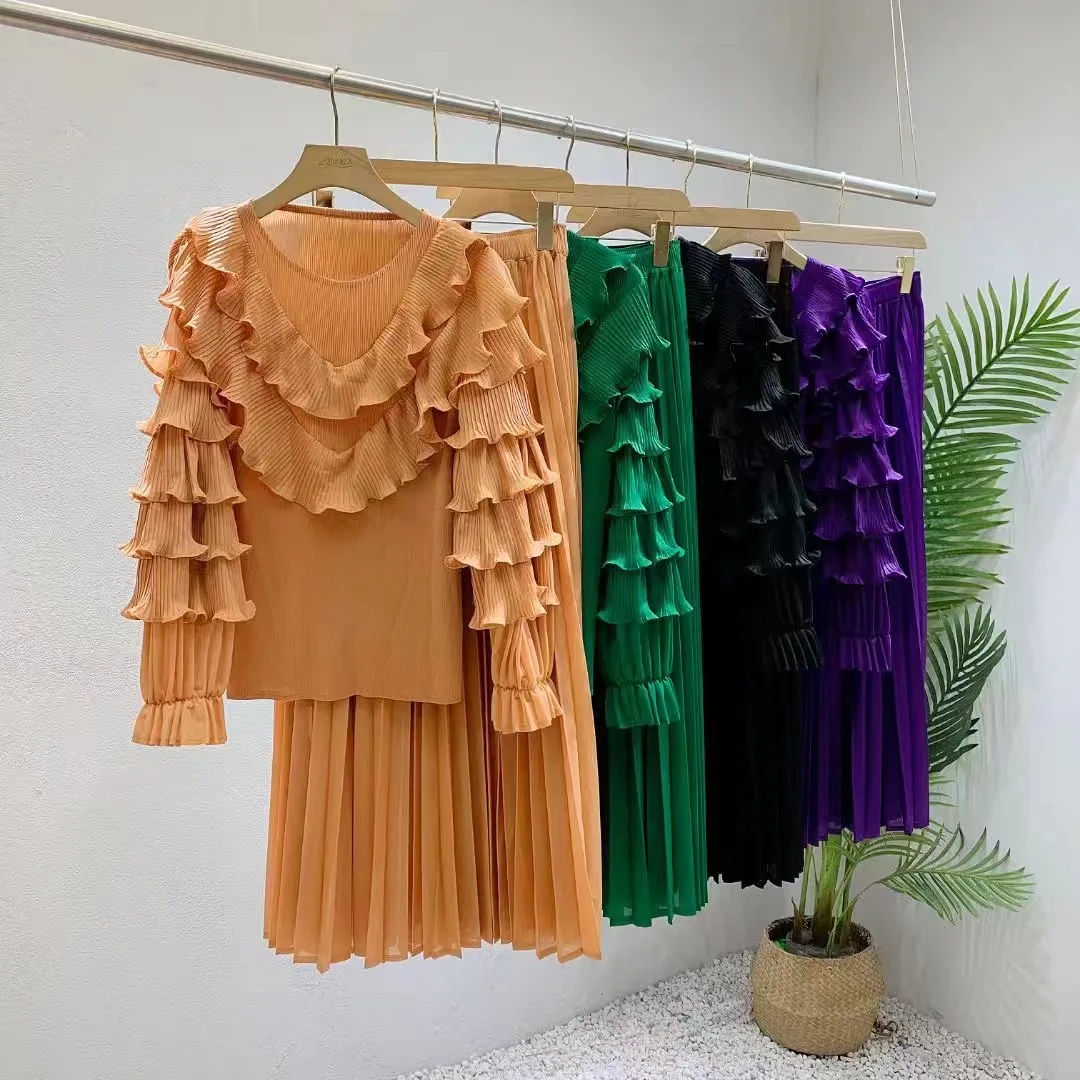 Женский костюм EGRM Miyake из двух предметов однотонный модный высокого качества с