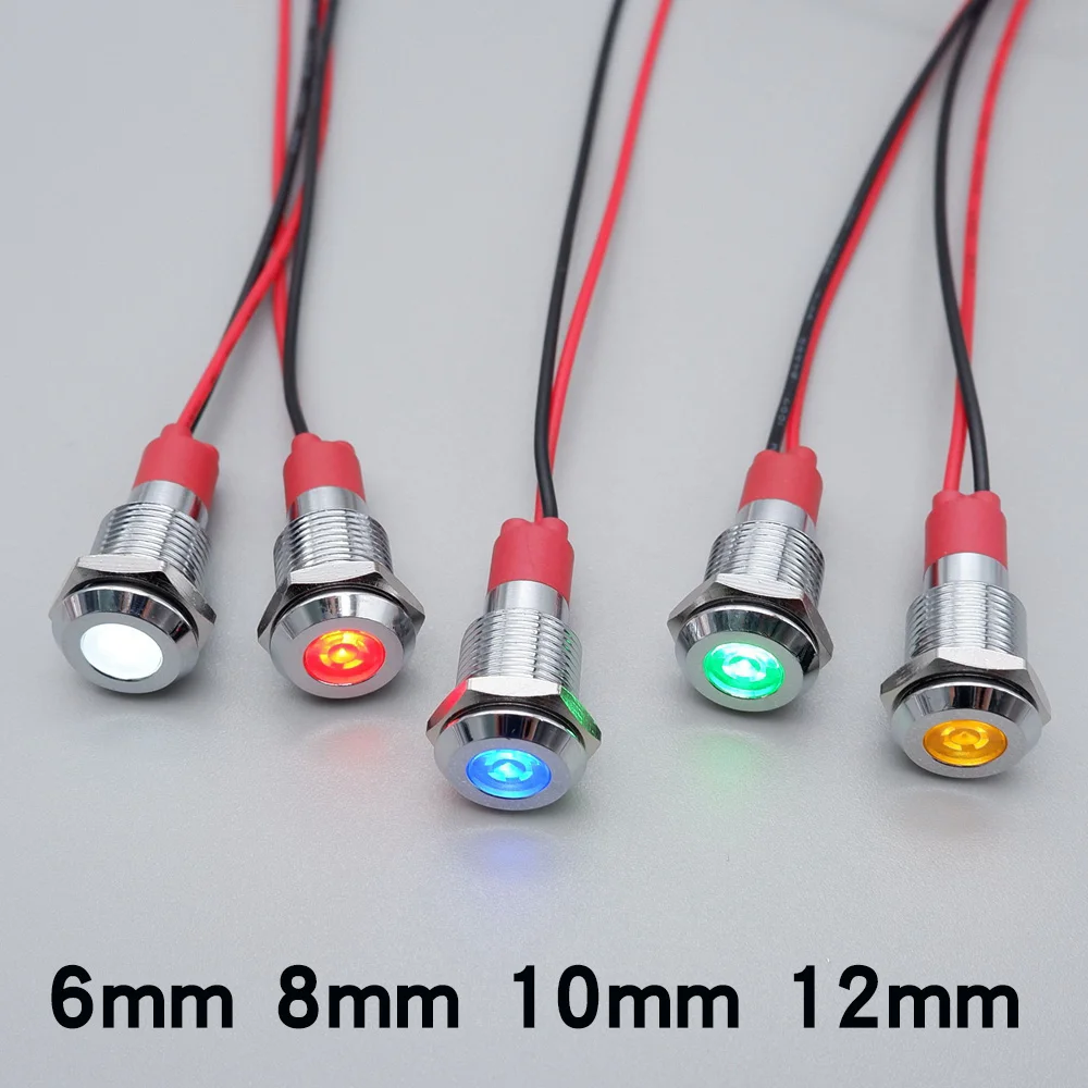 6mm 8mm 10mm 12mm Metalowa lampka kontrolna LED z przewodem 3V 5V 6V 12V 24V 110V 220V Czerwony Niebieski Zielony Żółty Biały