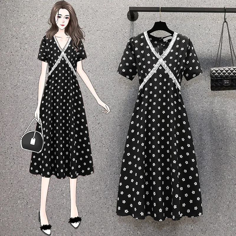 

Chiffon Loose Women's Clothing Mid Dress New Fashion Short Sleeve Summer Polka Dot V-neck Female