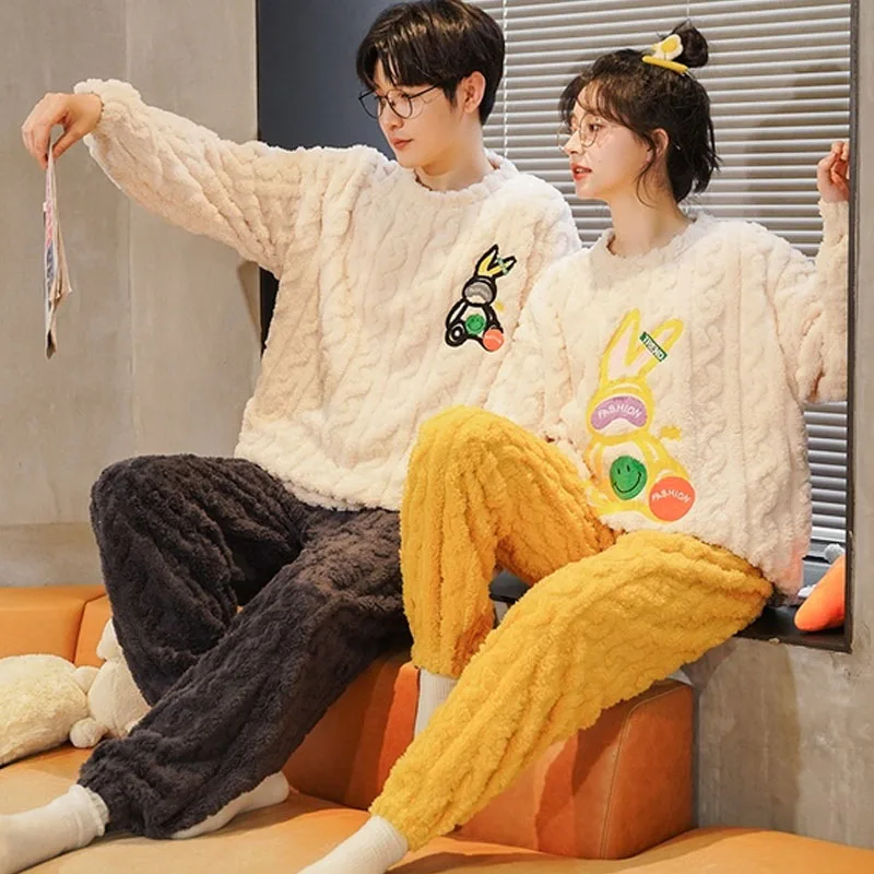 QUHENG 2022 Winter Long Sleeve Couple Thick Warm Flannel Pajama Sets for Men Cute Cartoon Sleepwear Women Homewear Home Clothes