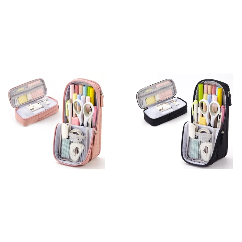 

2X ANGOO Pen Bag Pencil Case Two Layer Foldable Stand Phone Holder Storage Pouch Pink & Black