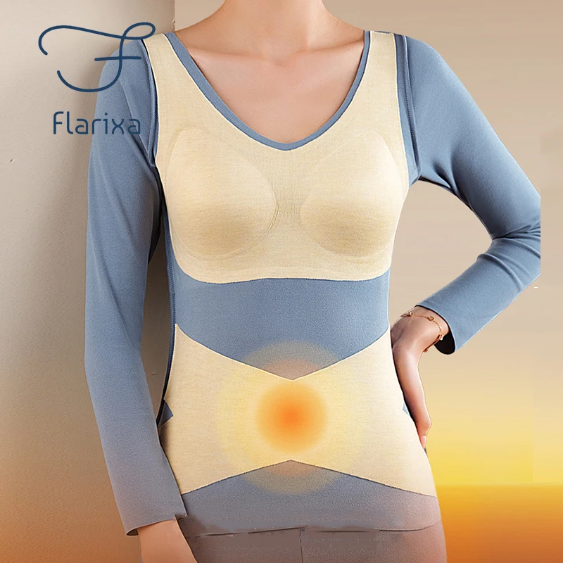 Flarixa 2 in 1 Seamless Winter Women's Thermal Underwear Slim Fit Chest Pad Bottoming Warm Thermos Clothing Tops Long Lingere