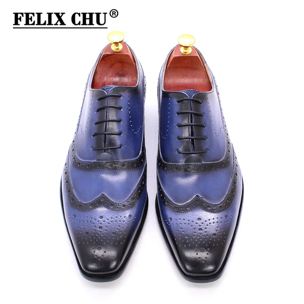 Mens Oxford Shoes Wingtip Genuine Leather Business Office Blue Shoes For Men Classic Brogue Lace Up Male Shoes
