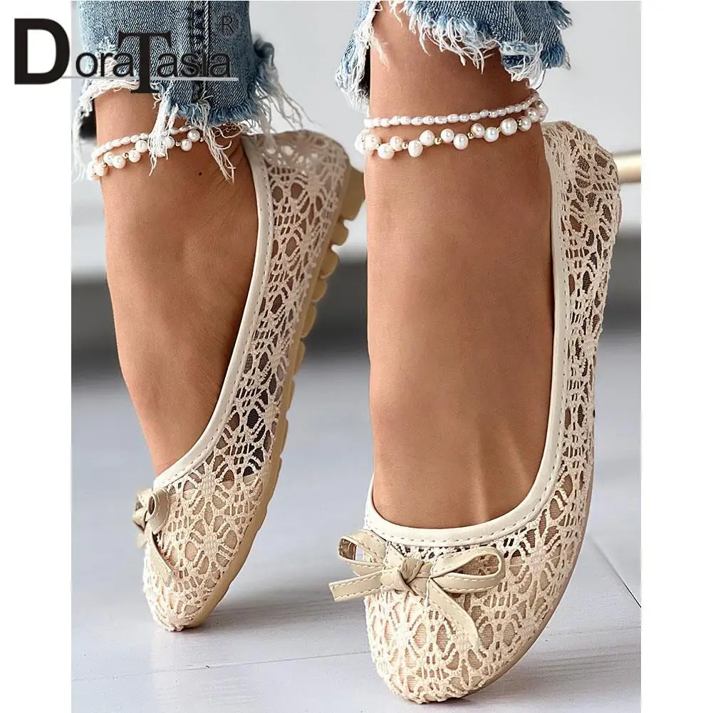 

New Female Flat Loafers Fashion Lace Mesh Breathable Hollow Bow Summer Autumn women's Flats Casual Confortable Woman Shoes