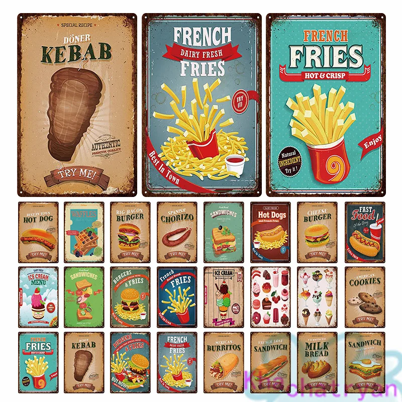 

Fast Food Ice Cream Burgers Cupcake Metal Plaque Plate Painting Iron Tin Sign Wall Picture for Home Restaurant Snack Bar Decor