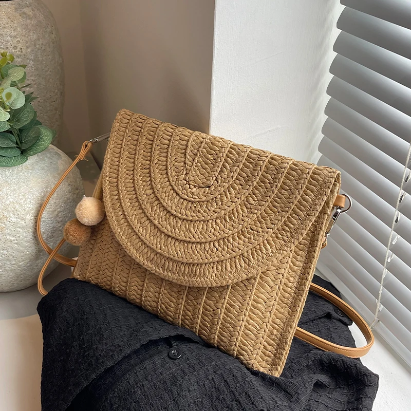 Женская Соломенная Сумка-клатч цвета хаки простая маленькая Пляжная Сумочка