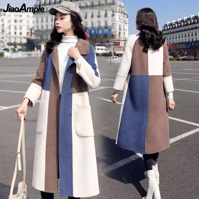 

Autumn Winter Long Women Wool Blends Korean Lady Graceful Patchwork Big Pocket Overcoats 2022 New Casual Loose Outerwear Female