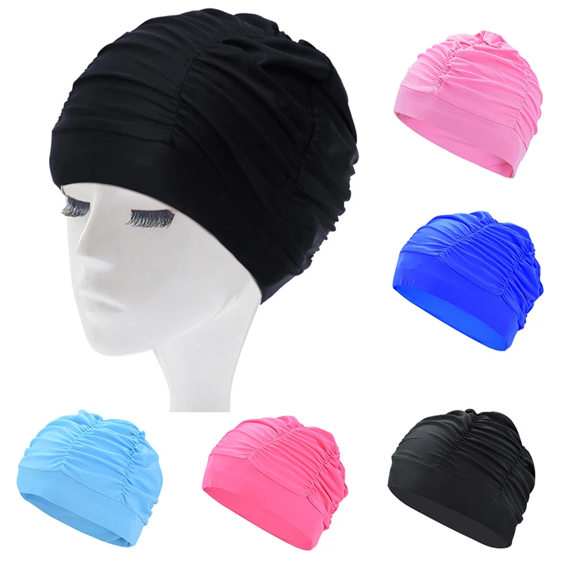 

1PC High Elastic Swimming Cap Men Women Free Size Solid Flowers Printed Long Hair Sports Swim Pool Hat Nylon Turban