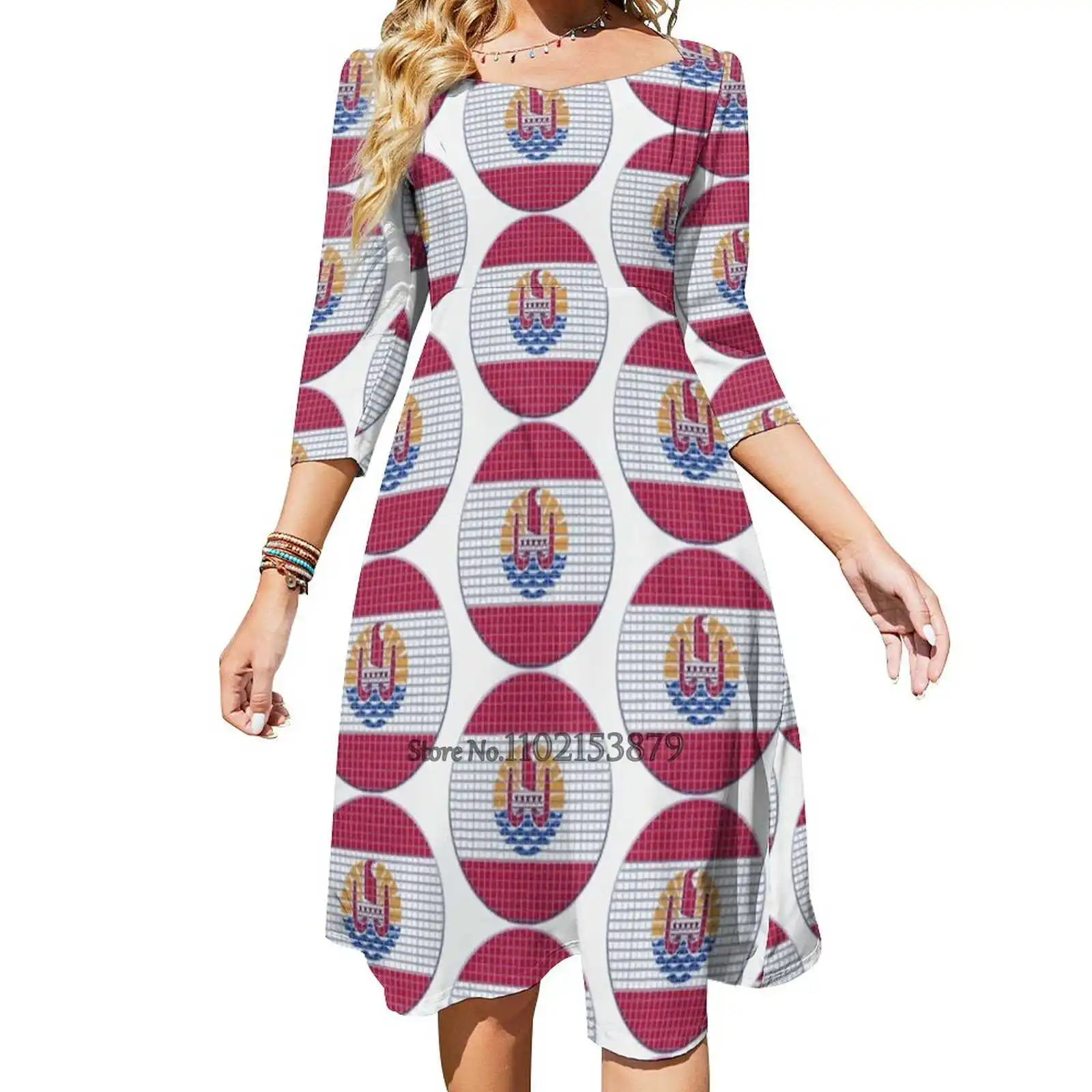 

French Polynesia Flag Rounded - Squares Pixel Back Lacing Backless Dress Square Neck Dress Sweet Elegant Dress French Polynesia