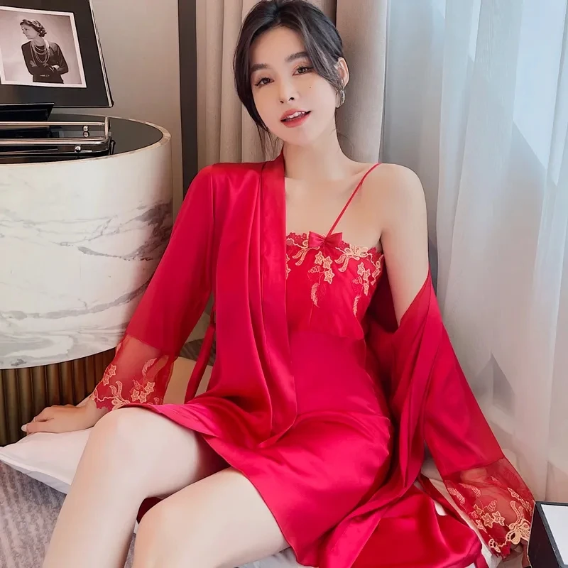 Sleepwear Woman Summer Short-Sleeve Silk Thin Satin Pajamas Suspenders Nightdress Robe 2 Piece Set Female Lace Nightwear