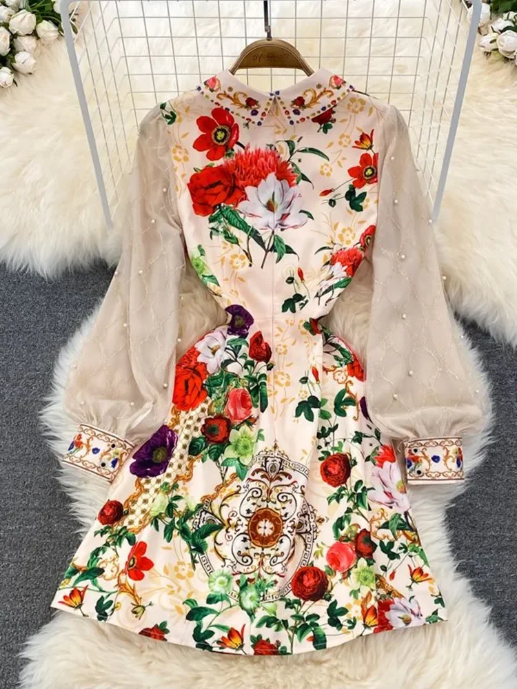 

2023 New Spring Summer Pearls Dress Women's Peter Pan Collar Flowers Print Mesh Sleeve Gold Thread Embroidered Short Vestidos