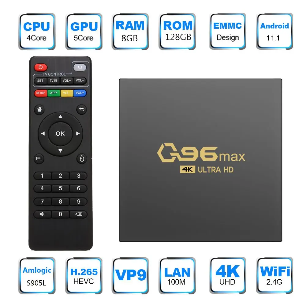 

1Pcs Android 11 Q96 Max Smart Tv Box Amlogic S905L Quad Core 2.4G Wifi 4K Set Top box 8Gb + 128Gb Mediaspeler H.265 Home Theater