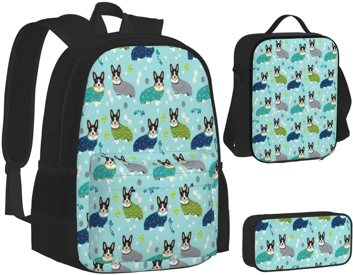 Kids School Backpack Colored Corgis  Schoolbag Travel Bag Casual Daypack Lunch Bag Pencil Case for Boys Teens Girls 3pcs Sets