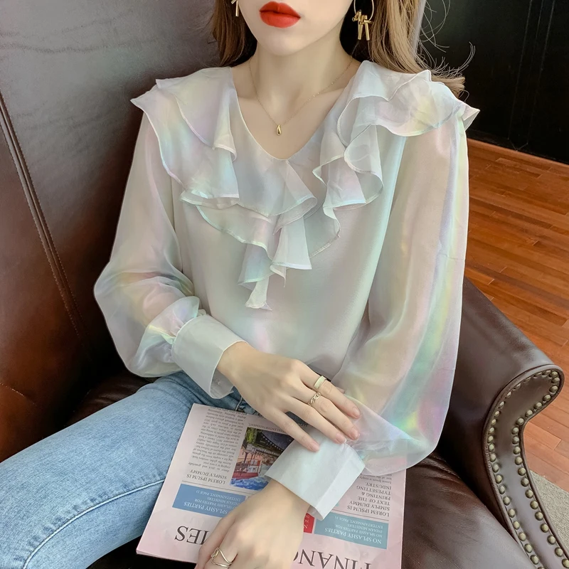 

Spring 2022 new V-neck chiffon ruffled top trend women's western style blouse 195e,402-13