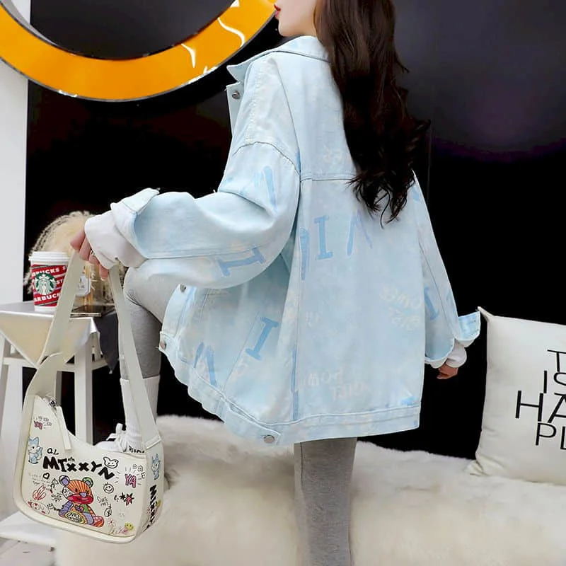 Женская джинсовая рубашка с принтом винтажный кардиган оверсайз длинным рукавом