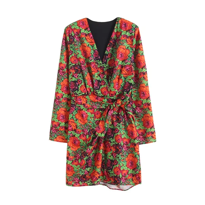 

MESTTRAF Sexy Design 2022 Women Flower Print With Knot Mini Dress Vintage Long Sleeve V-Neck Female Dresses Vestidos