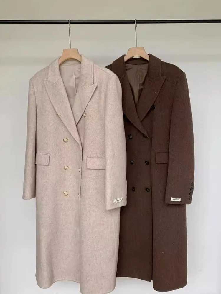 LGRQ офисные женские теплые шерстяные пальто для женщин двубортная модная длинная