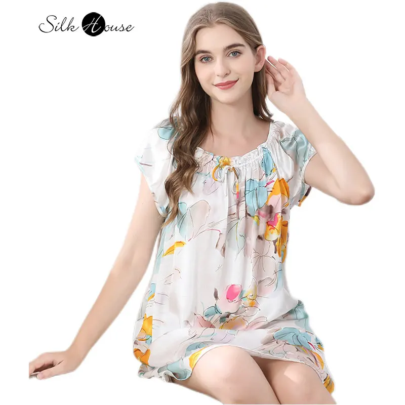 Summer Sexy Palace Princess/Doll Dress Short Sleeve Pajamas 100% Natural Mulberry Silk Satin Women's Fashion Casual Home Fur