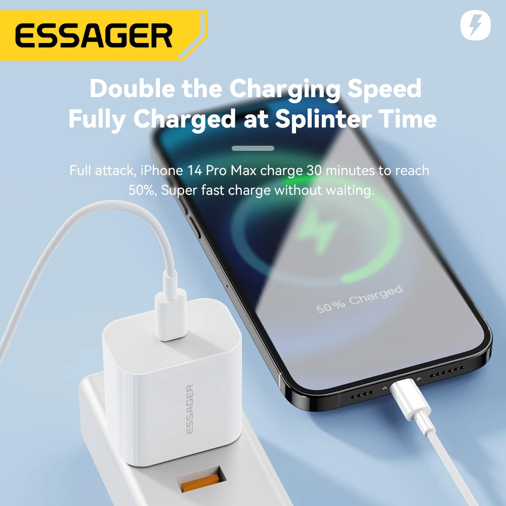 Фото Зарядное устройство Essager 20 Вт, быстрая зарядка Type-C Lightning Charger Set PD QC Quick Charge для iPhone 14 13 12 11 iPad Pro Max №5