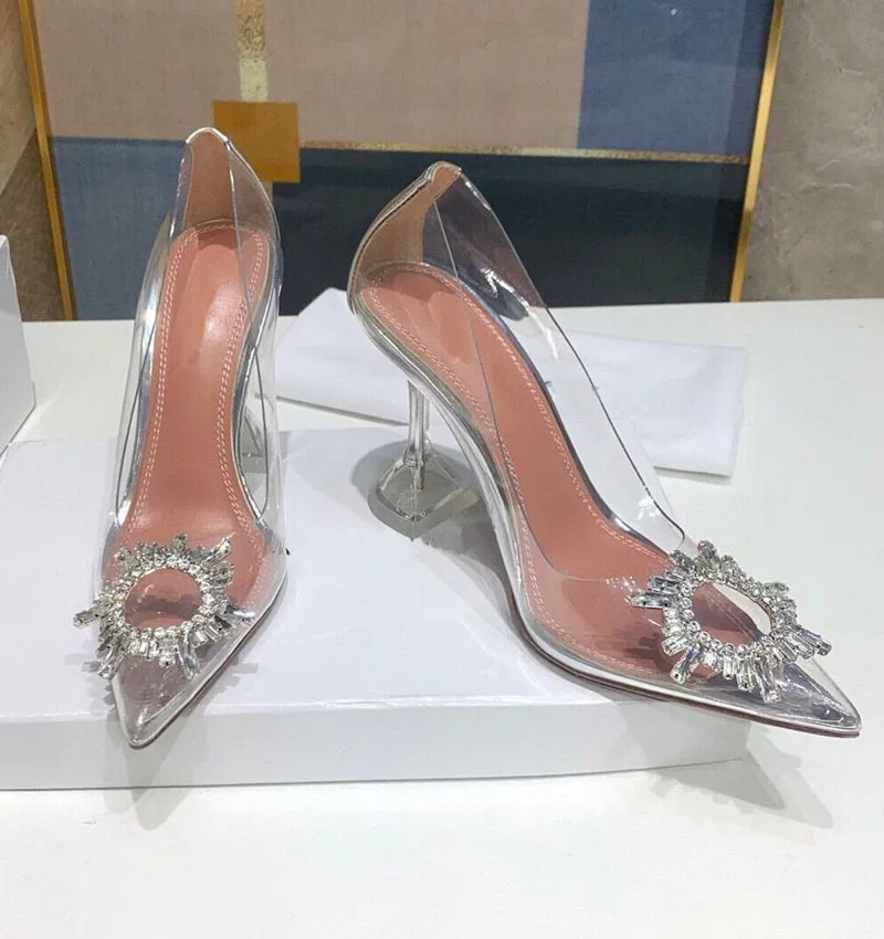 2023 Pointed Shallow Mouth Transparent PVC Sexy High Heel Thick Heel Fashion Rhinestone Single Shoes for Women