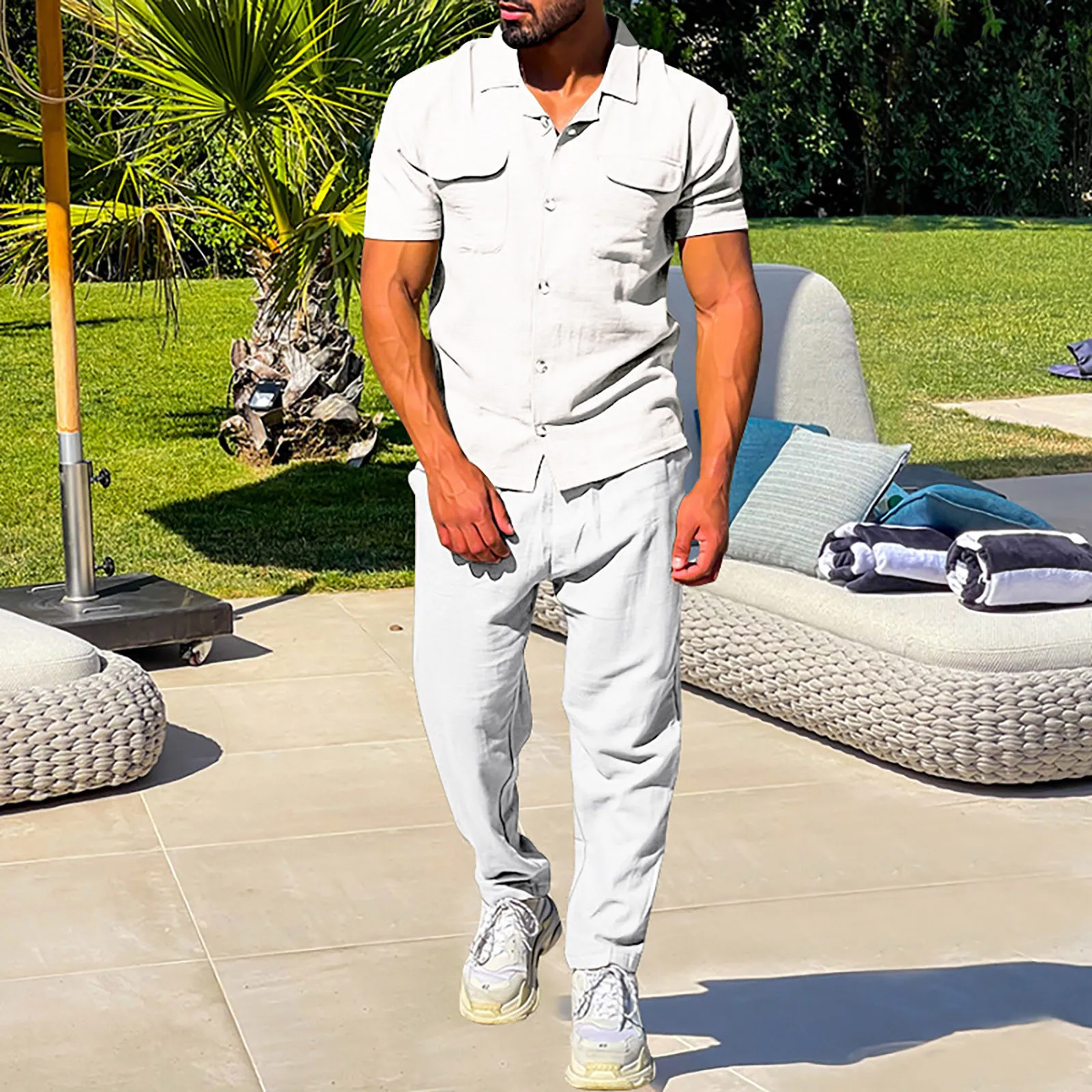 Cotton Linen Men Business 2 Piece Suit Button Shirts Black Long Pants Male Set Workwear Ropa Hombre Social Outfits Conjuntos