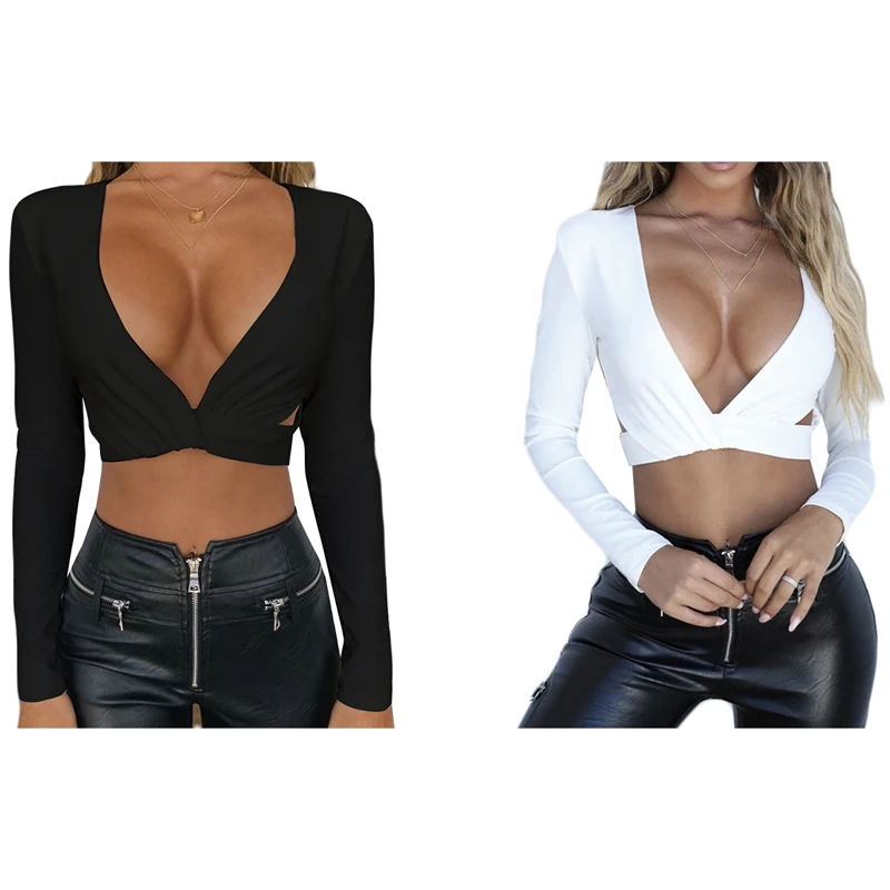 

2X Women's Sexy Deep V Elastic Slim Long Sleeve Short Top M Size White/Black