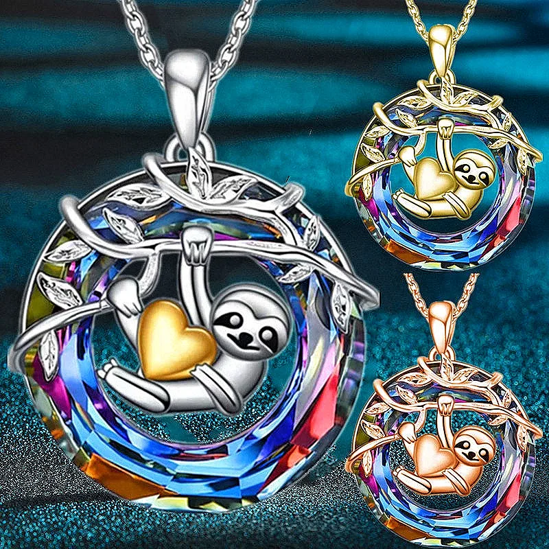 Fashion Creative Heart Hugging Sloth Necklace Crystal Pendant Engagement Necklaces for Women Animal Jewelry Anniversary Gift