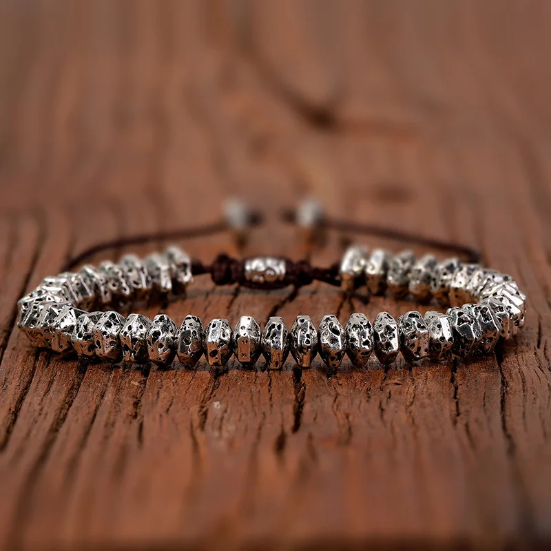 Винтажный посеребренный браслет из бисера и лавы, очаровательный мужской браслет из натуральных камней для женщин, тканый Регулируемый ювелирный браслет ручной работы