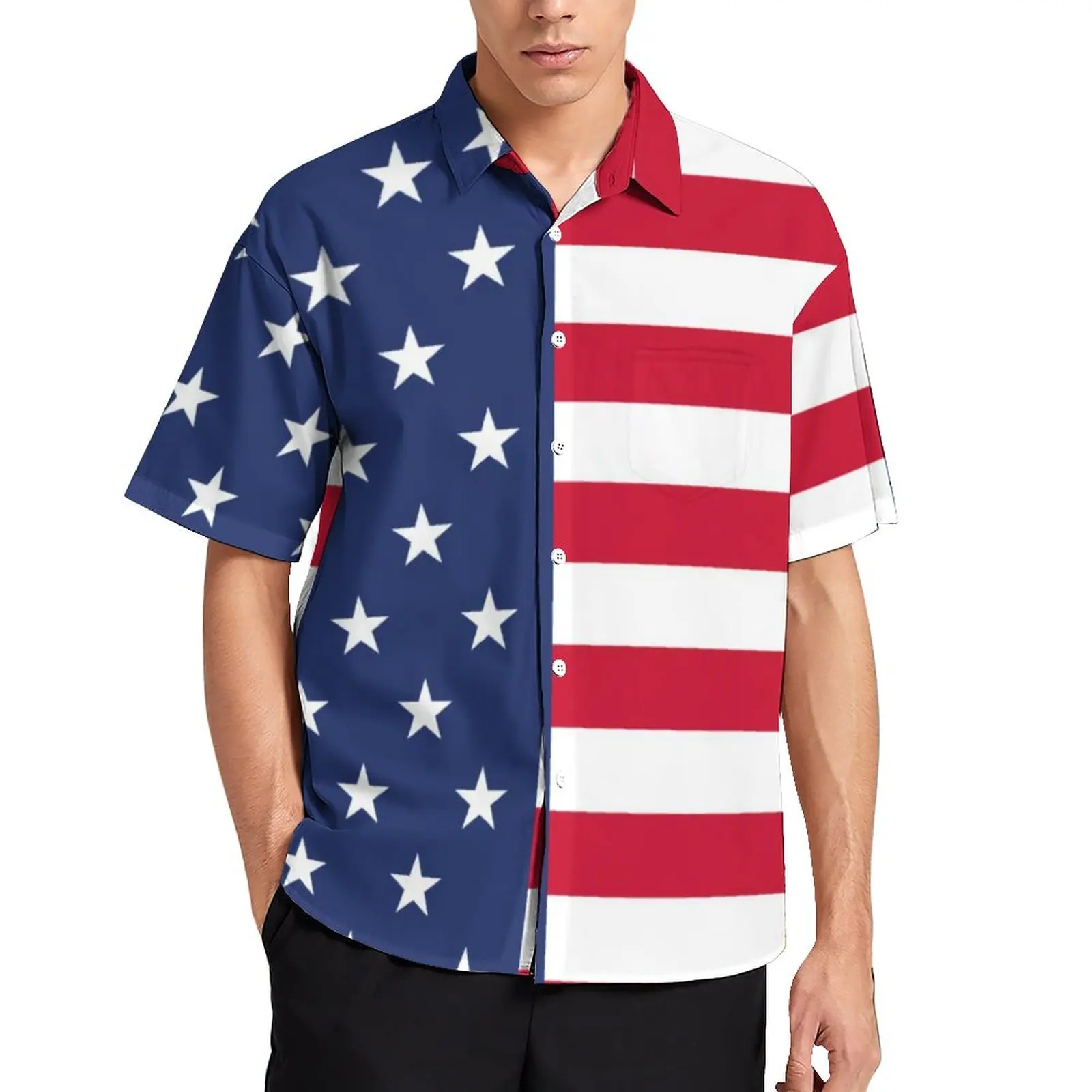 

USA Flag Half And Half Shirt Hawaiian Stars and Stripes Casual Shirts Blouses Short-Sleeve Streetwear Oversized