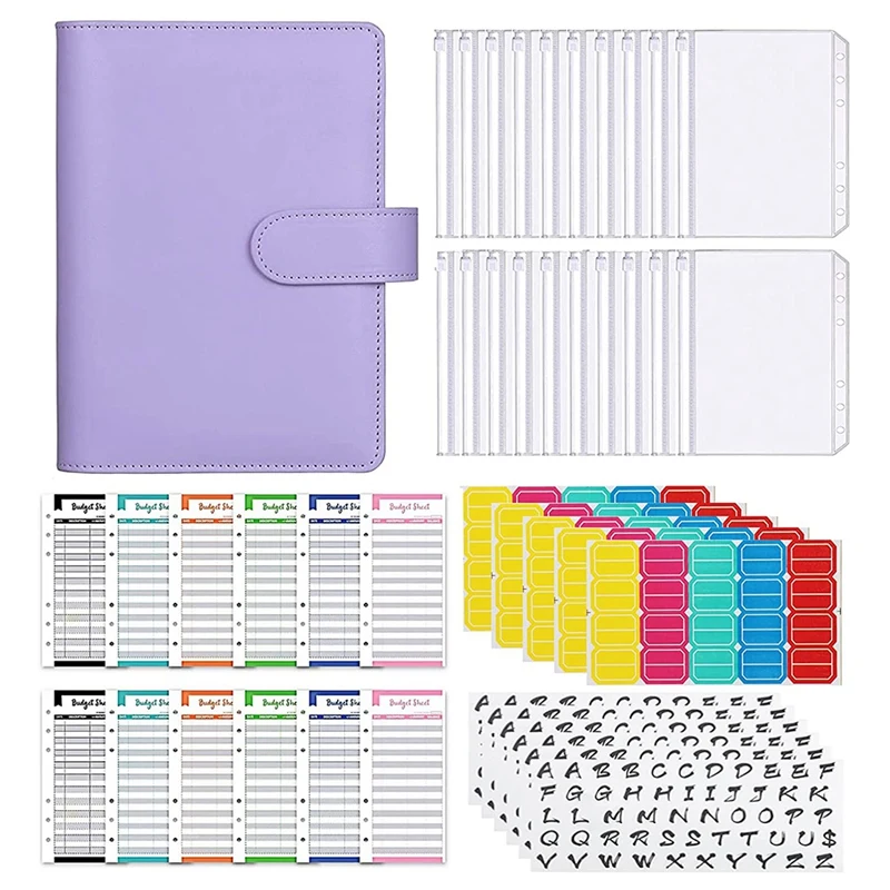 

A6 PU Leather Binder Budget , with 15 Binder Pockets, 12 Budget Sheets, 5 Letter Sticker Label and 5 Labels