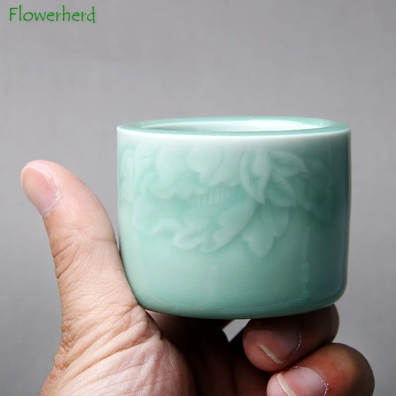 Celadon Finger Cup Lotus Rhyme Ceramic Porcelain Kung Fu Tea Cup Teaware Handmade Cup Single Cup