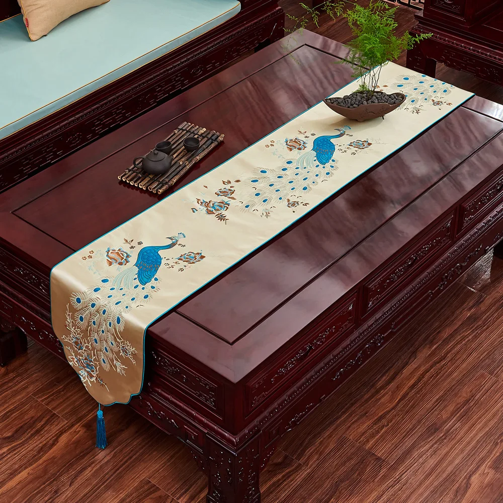 

Chinese Style Table Runner Luxury Study Home Decoration Tea Coffee Table Decor Blue Table Flag with Tassel Creative Table Cover