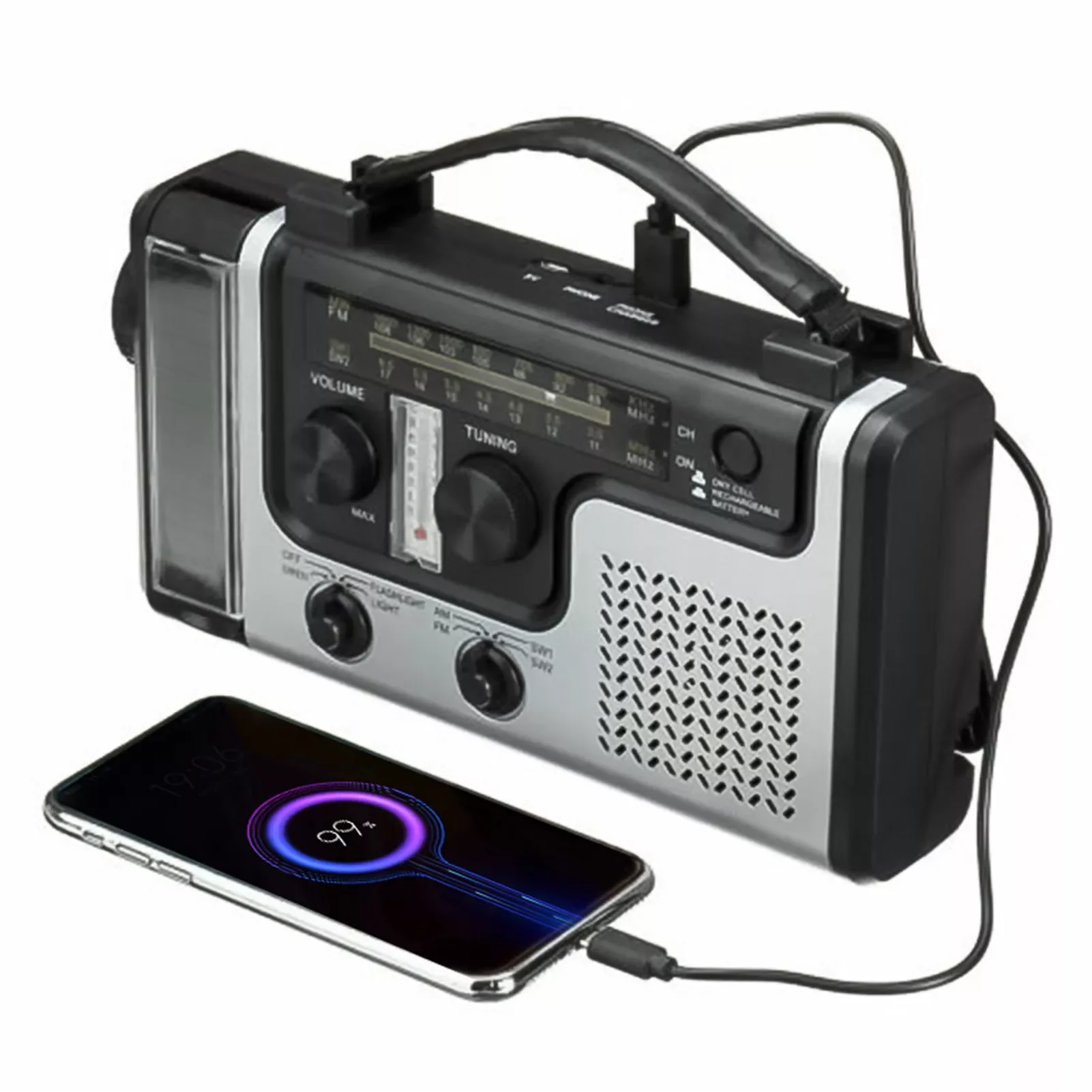 

Emergency Radio Weather Radio Hand Crank Solar Power AM/FM/SW Outdoor Flashlight For Cell Phone Charge Thermometer Reading Light
