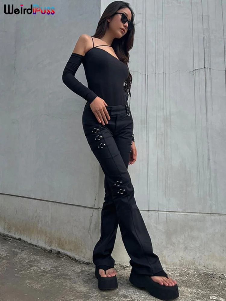 

Weird Puss Flare Pants Y2K Women Buttons Design Zipper Solid Stretch Skinny Trousers Low Waist Street Hipster Wild Casual Bottom