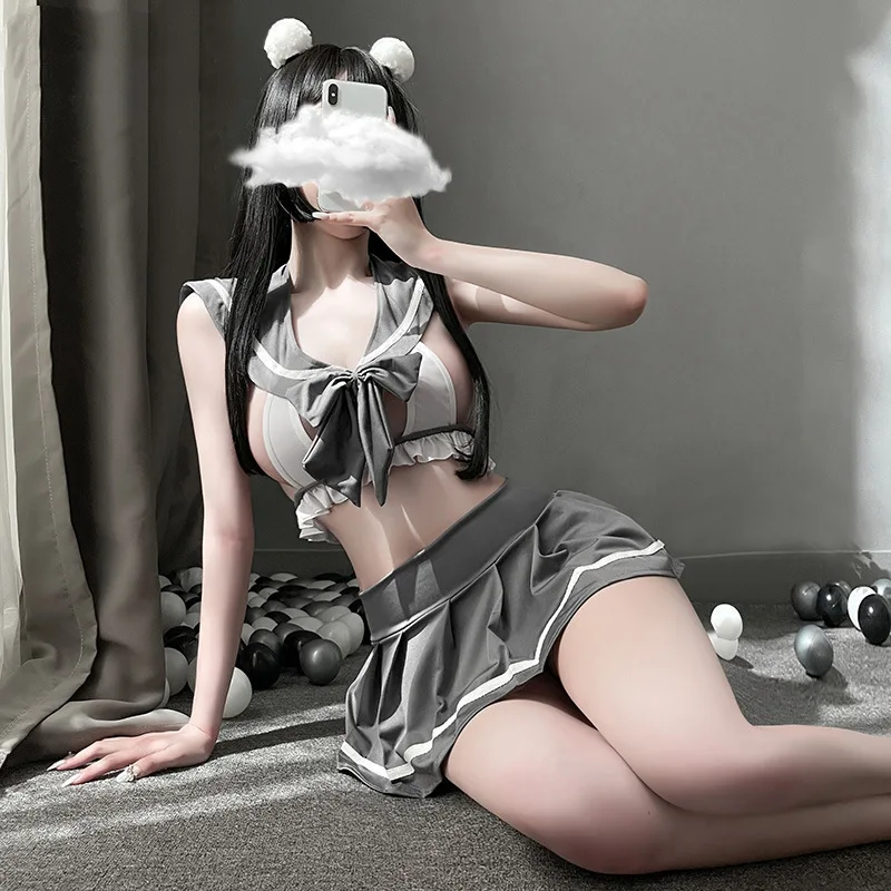 Sexy Lingerie Backless V Neck Women JK Schoolgirl Uniform Bow Sailor Collar Erotic Costume High Waist Pleated Mini Skirt Cosplay |
