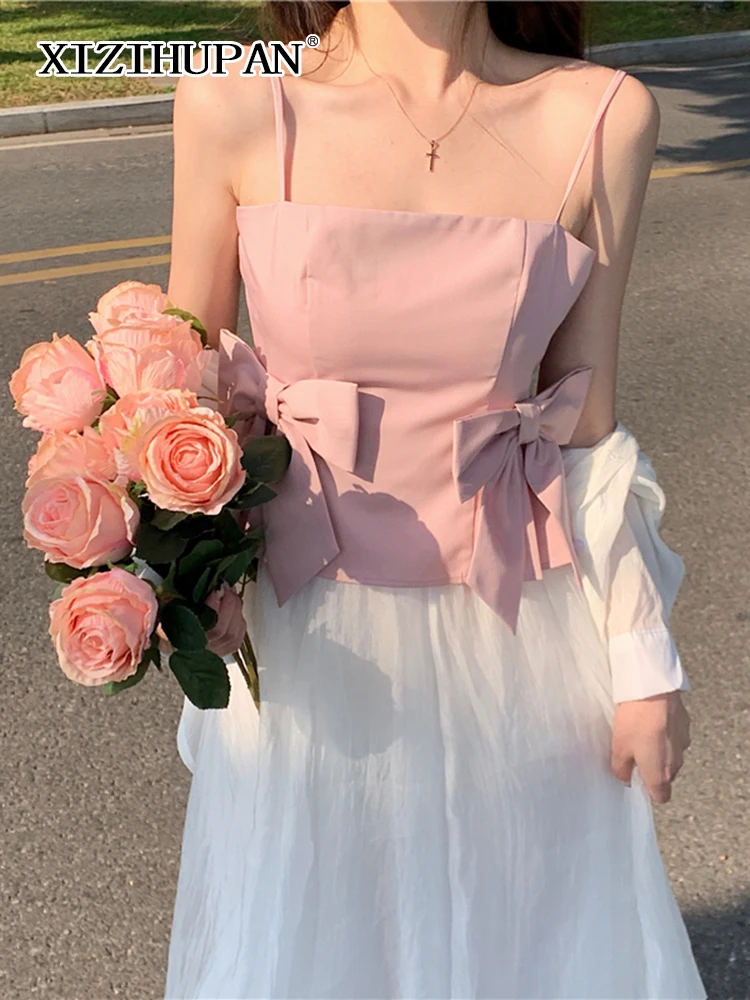 

XIZIHUPAN Sexy Solid Tank Tops For Women Square Collar Sleeveless Patchwork Bowknot Korean Fashion Tank Top Female 2022 Clothing