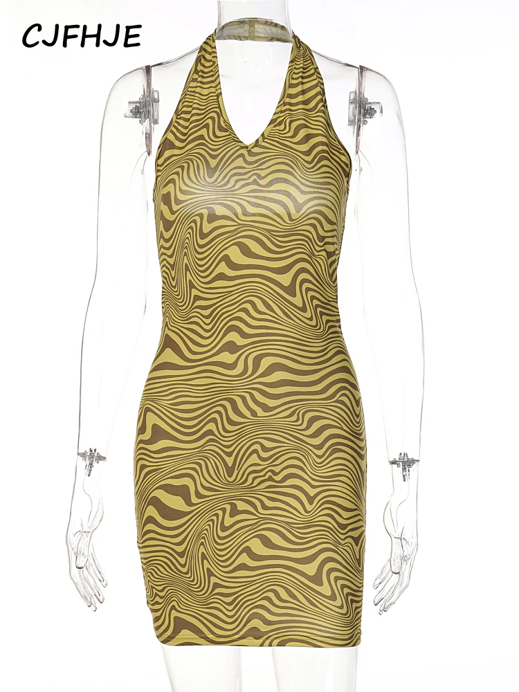 

CJFHJE Golden Zebra Print Halter Sleeveless Sexy Mini Dress Bodycon 2022 Summer Women Fashion Outfits Beach Club Elegant Wear