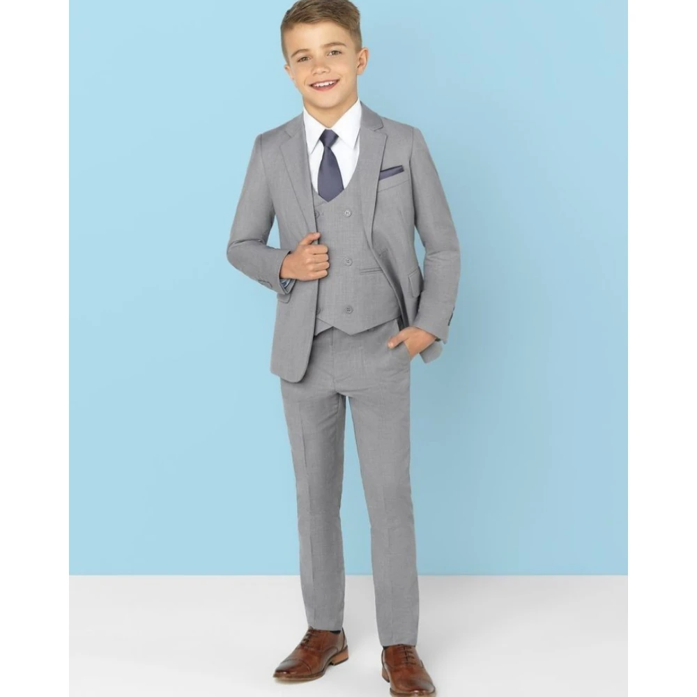 

Костюмы для мальчиков серого цвета из 3 предметов для свадьбы смокинг жениха модная куртка жилет брюки Детский комплект приталенного силуэта официальная детская одежда для выпускного вечера