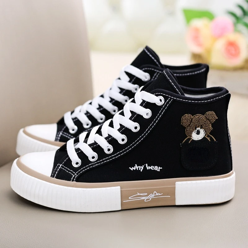 

High Top White Sneakers Canvas Shoes For Women 2022 Flats Bear Tennis Female Casual Fashion Student Breathable All-Match Shoe
