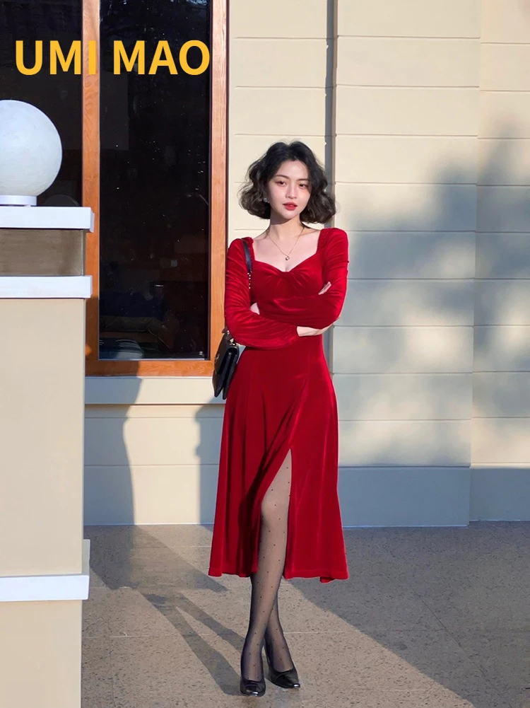 

TINT ERA French Vintage Women's Spring Black Square Neck Long Sleeve Velvet Skirt Waist Winter Bottom Split Dress Elegant