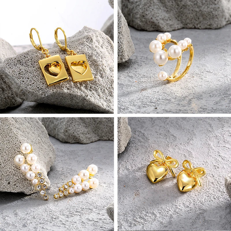 

celines Elegant and noble pearl earrings, golden yellow geometric heart-shaped earrings, holiday gift