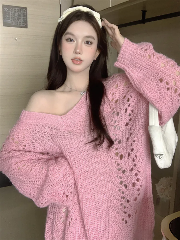 

New Fall Fashion Loose Casual Sweater V Neck Pink White Hollow Out Soft Knit Pullover Jumpers Long Sleeve Oversized Retro Top