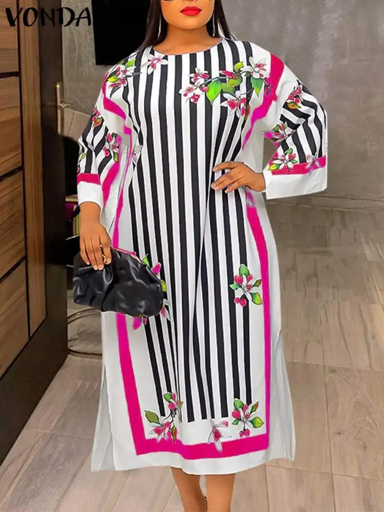 

VONDA Women Bohemian Dress 2022 Autumn Round Neck Long Sleeve Striped Slit Party Long Evening Dresses Casual Robe Femme Sundress