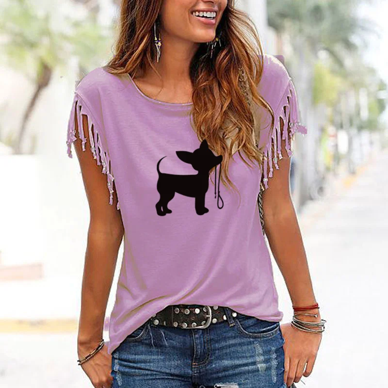 

New summer short sleeve oversized Cute Dog Print sports Kawaii self tassel knot women's top