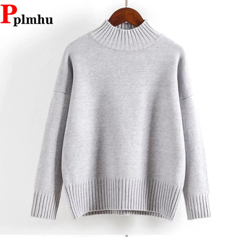 

Knitted Pullover Fall Winter Women Sweater Korean Mock Neck Warm Long Sleeve White Classic Bottoming Knitwear Tops 2023 New