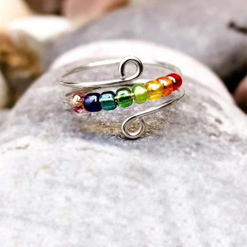 

Bohemian Rainbow Beads Anxiety Ring Rotate Freely Anti Stress Fidget Spinner Rings For Women Girls Fashion Wedding Jewelry