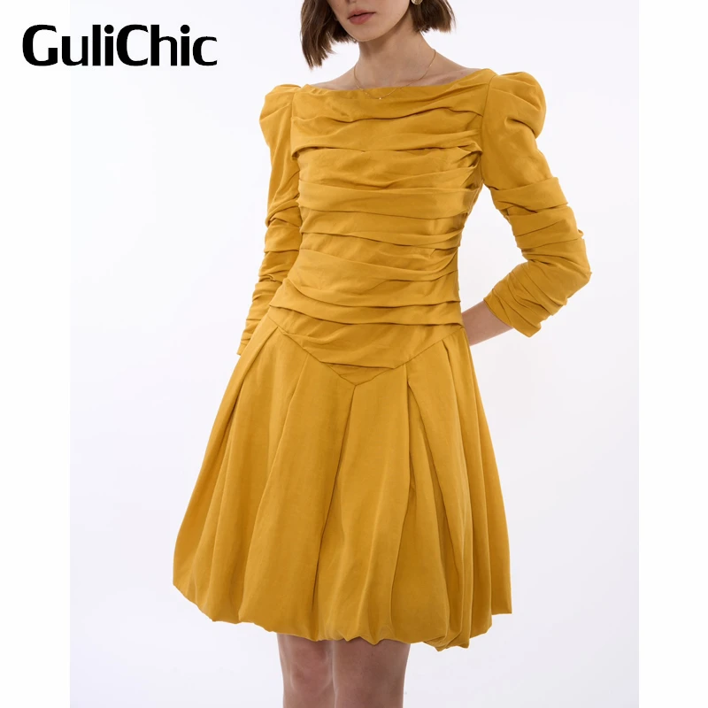 

Женское элегантное Плиссированное однотонное платье-трапеция GuliChic 9,2 года с вырезом лодочкой и присборенной талией
